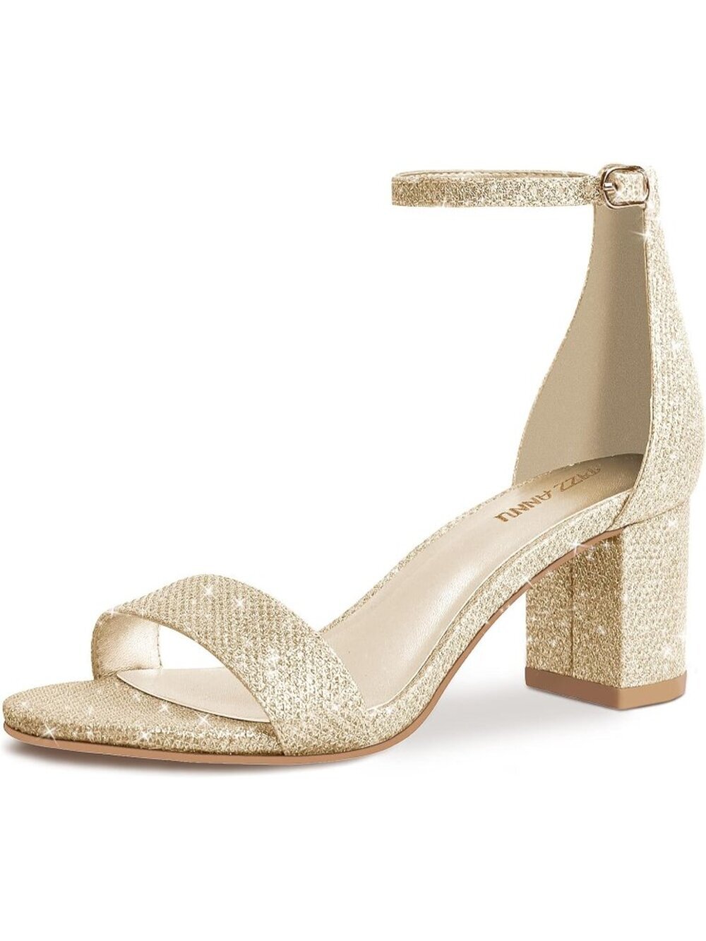 Women's Low Block Chunky Heel Sandals Open Toe Gold Glitter Ankle Strappy Buckle